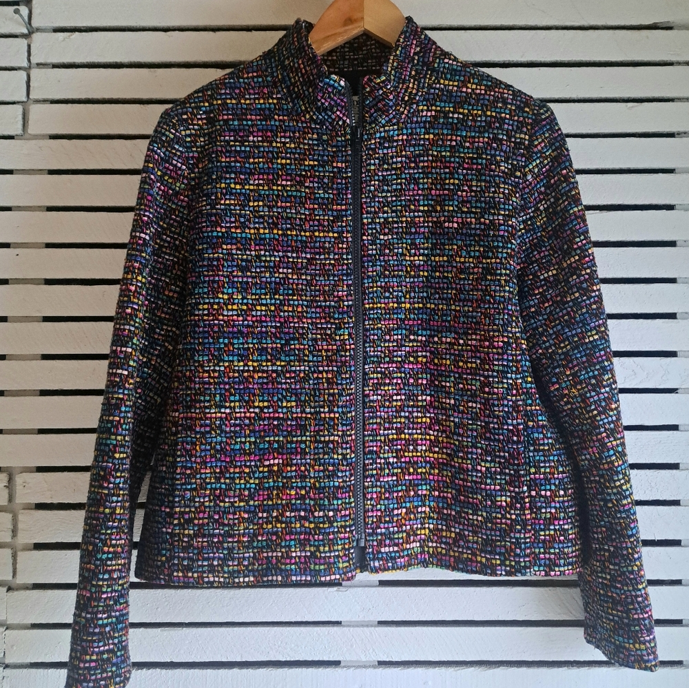 Vintage Windridge Cheryl Nash Silk Tweed Zip Front Jacket Colorful Mardi Gras M
